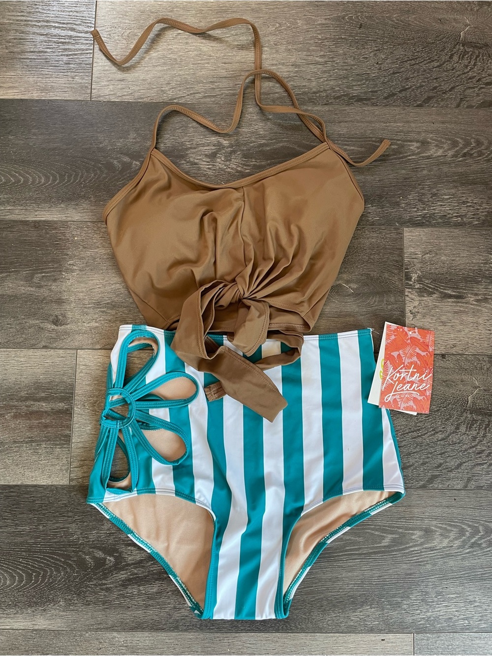 Kortni Jeane brown tie top & Teal Stripe Swimsuit set flower cut out high waist